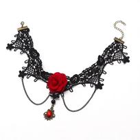 French Retro Black Color Lace Choker Necklace Gothic Flower Red Gemstone Pendant Necklace Women Short Collar Ladies jEWELRY