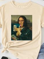 Unisex and Women Black Humorous Mona Lisa Money Bills Graphic TShirt  Casual Short Sleeve Tee with Abstract Art Design S gray