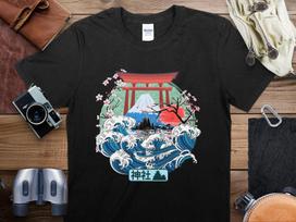 Japanese Wave Mt. Fuji Cherry Blossom Wave Graphic T-Shirt, Unisex Art Tee, Nature Asia Travel Souvenir, Cultural Heritage Shirt S