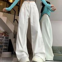 Spring Summer High Waist Wide Leg Jeans Women White Loose Wrinkle Design Fashion Drape Slimming Pants XS balta