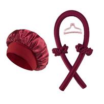 2pcs Heat Free Hair Curler Satin Silk Sleeping Cap Set Headwrap for Natural Curly Hair Long Hair Care Wave Sleeping Curling Tool vyno raudonos spalvos
