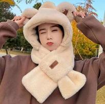 Fox Ears Plush Hat & Scarf Combo Faux Fur Unisex Adult Winter Hat with Neck Warmer Windproof & Cozy Design Cashmere Wool