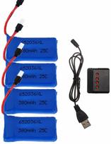 4 LiPo baterijų rinkinys 25C 3.7V 380mAh su USB įkrovikliu | Suderinamas su HUBSAN X4, H107, V252 | Mėlynas, 38x20x8 mm mėlyna