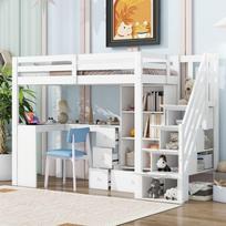 Lit mezzanine - MUVOE - 90x200 cm - Échelle télescopique - Étagères multiples - Certifié EN 747 balta
