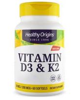 HEALTHY ORIGINS Vitaminas D3 ir K2 - Vitaminas D3 + K2 60 kapsulių