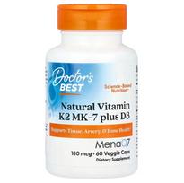 Natural Vitamin K2 MK7 with MenaQ7 plus D3, 180mcg - 60 kapsulių - Doctor's Best