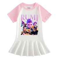 Girls Kpop Rumi Mira Zoey Hunters Print Raglan Sleeves Cotton Dress 90cm rožinė