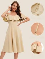 Elegantiška midi kokteilinė proginė proginė suknelė, lengva, smėlio spalvos, XS — vestuvinė suknelė, platėjanti suknelė, išleistuvių suknelė, suknelė su raukiniais, apnuogintų pečių suknelė, moteriški drabužiai xs, XS