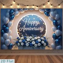 2D Elegant Blue Silver Happy Anniversary Backdrop Balloon and Flower Party Background 47.2x31.5inch/120*80cm
