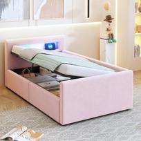 Vaikiška polsterinė lova 90x200 cm su LED, naktine šviesa, USB, lentyna, hidraulinis sandėliavimas, rožinė