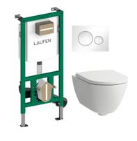 WC komplektas Laufen Pro X Rimless su potinkiniu rėmu, lėtaeigiu dangčiu ir baltu klavišu