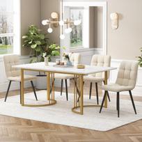 Valgomasis komplektas 5 dalių, stalas 140x80 cm, 4 kėdės, auksas, MDF, balta, smėlio spalvos