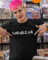 QUEENS GAMBIT (1.d4 d5 2.c4) T-Shirt (Chess Inspired Check Mate Piece King Pawn) 2XL