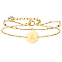 Stainless Steel Polished Round Plate Letter A-Z Double Layer Stacked Bracelet for Women 14K Gold Color Charm Wrist Jewelry Gifts