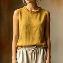 Summer Fungus Edge O Neck Vest Loose Solid Color Sleeveless Top Casual Fashion Women's Base Shirt S geltona