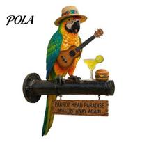 Retro Industrial Solar Lamp LED Parrot Wall Mount Decor Light, Resin Tropical Bird with Ukulele, Outdoor Patio Lighting Yard Garden Art Vintage įvairiaspalvis