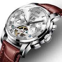 Vyriškas automatinis mechaninis laikrodis su tourbillon, kalendoriumi, atsparus vandeniui, šviečiantis, odinis, klasikinis, Kalėdų dovanos