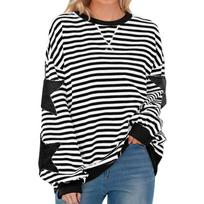Women's Fashion Striped Star Print Round Neck Long Sleeved Pullover Color Blocked Pullover Sweatshirt Top L juoda