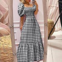 VONDA vasarinė moteriška languota pečių klostuota vakarėlio suknelė Elegantiška languota tunika, rauktas, laisvas plius dydis 2XL juoda
