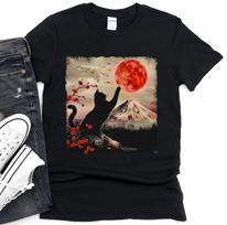 Black Cat Moon T-Shirt, Japanese Mount Fuji Cherry Blossom Art L