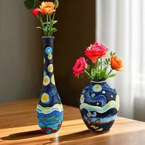 Van Gogh Starry Night Art Deco Resin Vase Set 3 Handmade Artistic Home Table Decor Creative Gift for Housewarming Birthday (as the picture,S) black