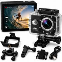 Sportinė veiksmo kamera 4K UHD, vandeniui atspari, su LCD ekranu, garsiakalbiu, mikrofonu ir tvirtinimo rinkiniu