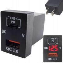 Automobilinis įkroviklis su USB, QC3.0, PD, voltmetru, 12V-24V, raudonas