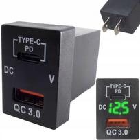 Automobilinis USB įkroviklis su laikikliu, 12V-24V, QC3.0, PD, žalias, su voltmetru