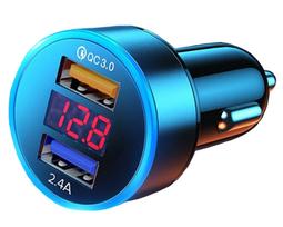 Automobilinis įkroviklis 2 x USB QC 3.0, LED voltmetras, apšvietimas