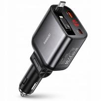 Automobilinis įkroviklis USB-C, USB-A, Lightning, 105 W, su ištraukiamu 80 cm laidu