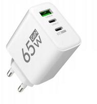 Greitasis įkroviklis 65W, GaN, 1×USB-A, 2×USB-C, QC 3.0, PD 33W, baltas