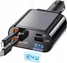 Automobilinis įkroviklis 4in1 su USB-C, 120W, greito įkrovimo, su ištraukiamu laidu