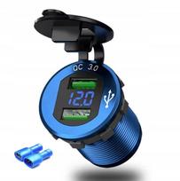 Automobilinis įmontuojamas USB įkroviklis QC 3.0, 12V/24V, mėlynas LED