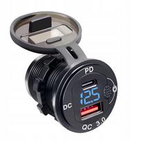 USB-C ir USB QC3.0 automobilinis kroviklis su mėlynu LED, aliuminis, 12/24V voltmetras