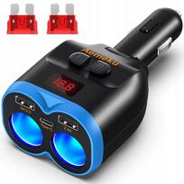 Automobilinis 3 lizdų USB kroviklis su QC ir 12–24V voltmetru