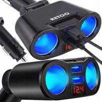 Automobilinis lizdo šakotuvas su voltmetru ir 2 USB įkrovimo jungtimis