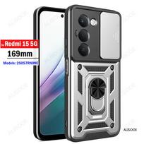 Slide Camera Cover For Redmi 15 5G (169mm) Case Armor Ring Holder Kicktand Protection Phone Capa Funda Redmi 15 5G  (169mm) sidabras