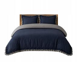 Satino ir lino patalynės komplektas 220x200, tamsiai mėlynas su pilkais raukiniais, 2 pagalvės 70x80, Premium
