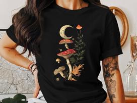 Vintage Mushroom Crescent Moon Cottagecore T-Shirt, Woodland Fungi Art Tee, Nature Inspired Graphic Tee, Whimsical Fairycore Shirt XL