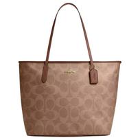COACH City Maxi Signature Drobės Pirkinių Krepšys, Rankinė, Pečių Krepšys Didelis Moteriškas Smėlio Spalvos Basic Set (Bag + Dustproof Bag) gelsvai ruda