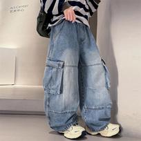 High Quality Kids Heavy Work Baggy Cargo Jeans for Teens Boy Loose Fit Pocket Denim Pants Tweens Child Fashion Jeans Trousers 130 mėlyna