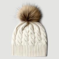 Ladies Cashmere Cable Knit Pom Pom Beanie, Solid Color Thick Warm Winter Hat