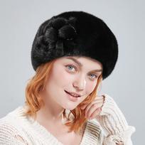 Winter Elegant Fur Beret Hats for Women Real Whole Mink Fur Beret With Fur Flowers Luxurious French Style  Hats