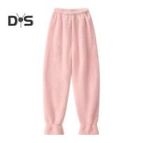 Žieminės pižamos kelnės storos pliušinės elastinės juosmens, laisvas, šiltos, kojas surišantis dizainas unisex namų rūbai kelnės Vienspalvės poilsio apačios L rožinė
