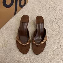 2025 retro one-pedal flip-flops brown pinch-foot niche high-heeled sandals 35 ruda