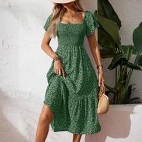 Women's Loose Casual Square Neck Puff Sleeve Floral Dress Long Skirt XL
