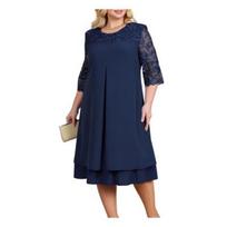 Elegant Plus Size Prom Party Dress Women Loose Midi Mesh See Through Patchwork Leaf Applique Half Sleeve Round Neck Spring Fall Dress L tamsiai mėlyna spalva