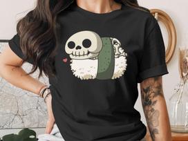 Cute Sushi Halloween Skeleton T-Shirt, Japanese Anime Gift, Kawaii Anime Sushi Shirt, Cute Japan Manga Art S