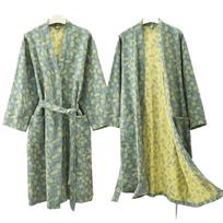 Couples Pure Cotton Sleepwear Kimono Bathrobe Long Sleeve V-neck Nightwear with Belt Pocket Men and Women Home Clothes S