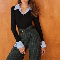 Women's Fashion Casual Splicing Fake Two-piece V-neck Long-sleeved Knitted Shirt L juoda